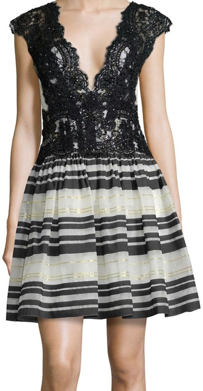 MARCHESA NOTTE Cap-Sleeve Lace-Top Striped Cocktail Dress black NWOT 10